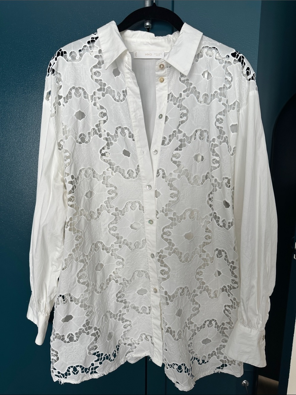 Mango White Button-Down Lace Overlay Shirt